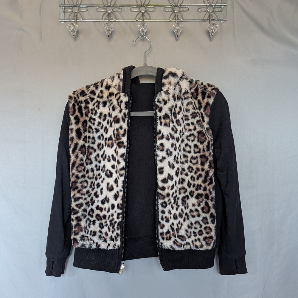 Butter Reversible Leopard Faux Fur Zip Hoodie with Thumb Holes, Girls M (10/12)